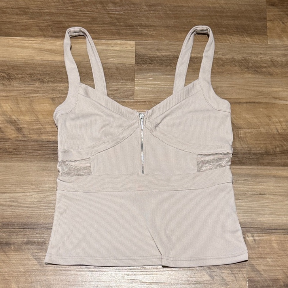 Armani Exchange Sleeveless Ribbed Bustier Top with Zipper and Mesh Cutout Detail